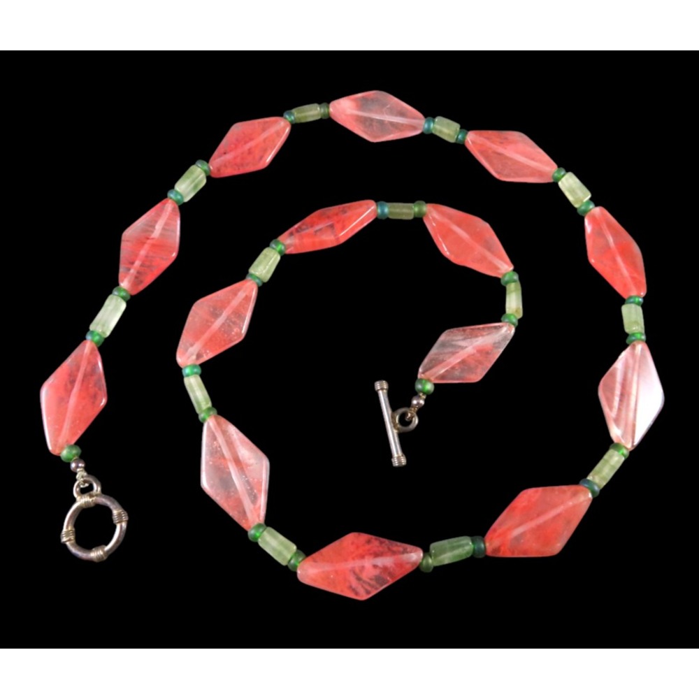 STERLING SILVER Pink Cherry Quartz BEADED NECKLACE Green Glass Beads WATERMELON